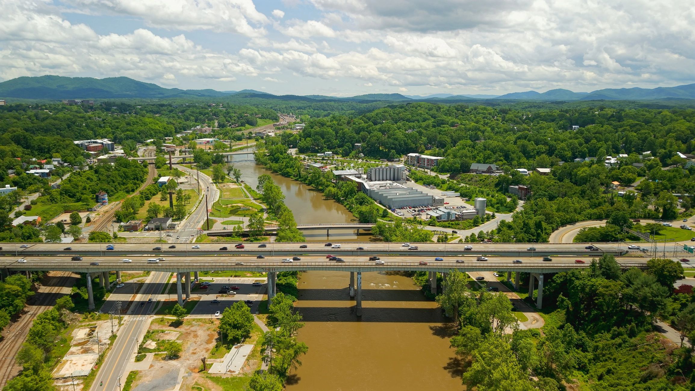 Asheville North Carolina skyline and river